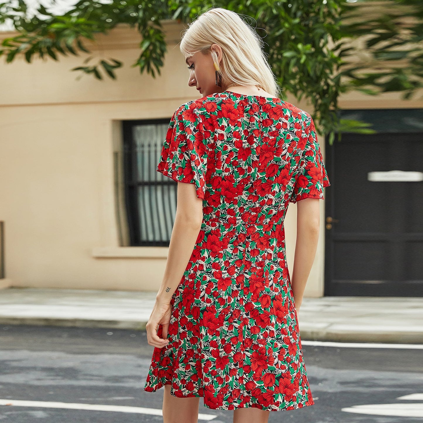 Damen Midi-Kleid Floral V-Ausschnitt Voluminöse Ärmel