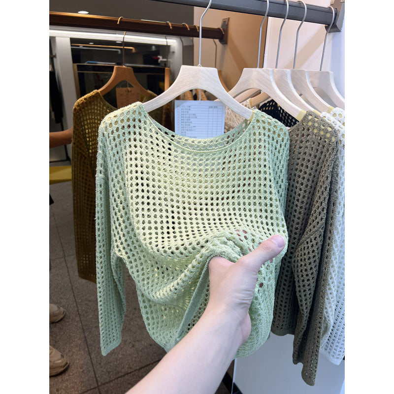 Damen Strickpullover Luftig Grobes Netzmuster Beige