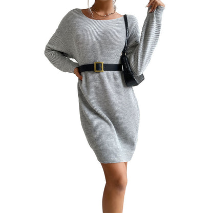 Damen Strickkleid Weit Schnitt Länge Lang Ärmel Anthrazit