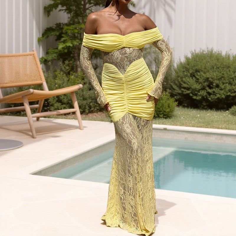 Damen Maxikleid mit Spitze und Taillenschnitt