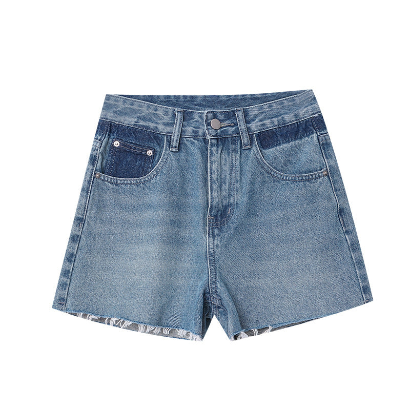 Damen Vintage-Jeansshorts Hochbund Fransensaum Blau