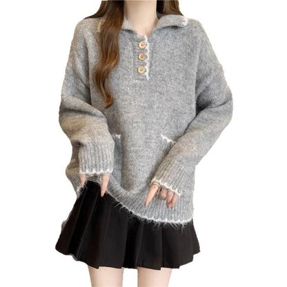 Damen Strickpullover mit Kragen und Knöpfen