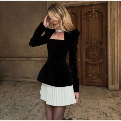 Damen Samtkleid Puffärmel Elegant Schwarz Eveloria - Eveloria