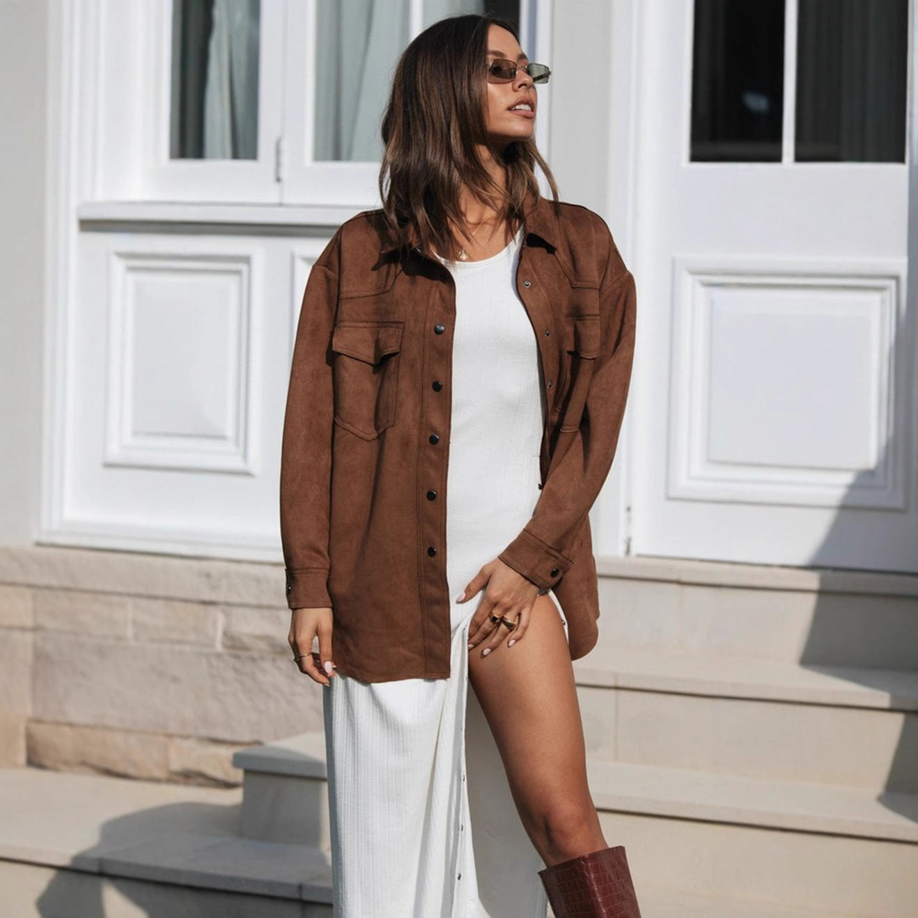 Damen Oversized Oberhemd Wildlederimitat Weich Beige