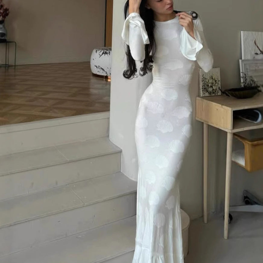 Damen Langkleid Figurbetont Muschel-Design Ärmelabschluss