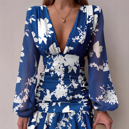Damen Minikleid mit V-Ausschnitt und Puffärmeln schimmernd Eveloria