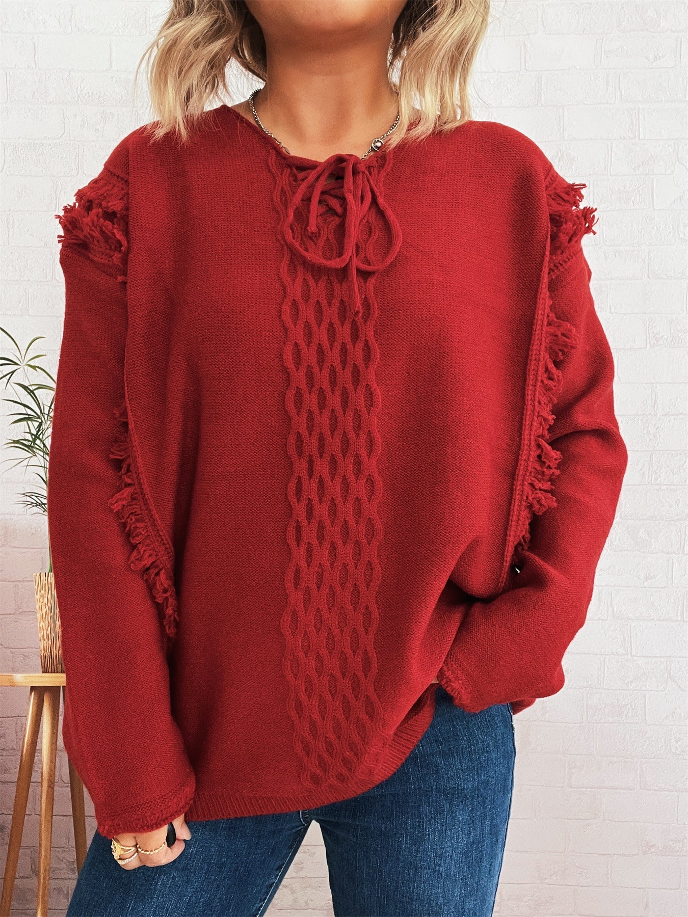 Damen Grobstrickpullover Lässige Fransen Zopfdesign Beige