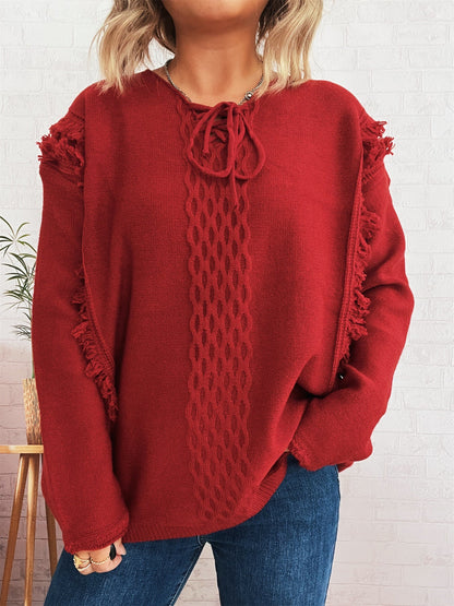 Damen Grobstrickpullover Lässige Fransen Zopfdesign Beige