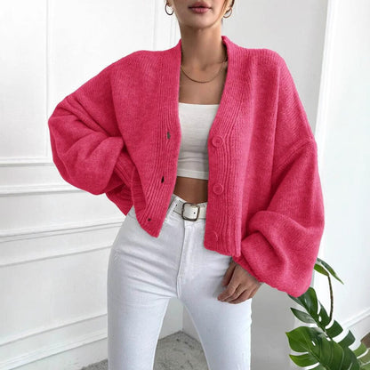 Damen Grobstrickcardigan Lässig Knöpfe Voluminöse Ärmel Beige