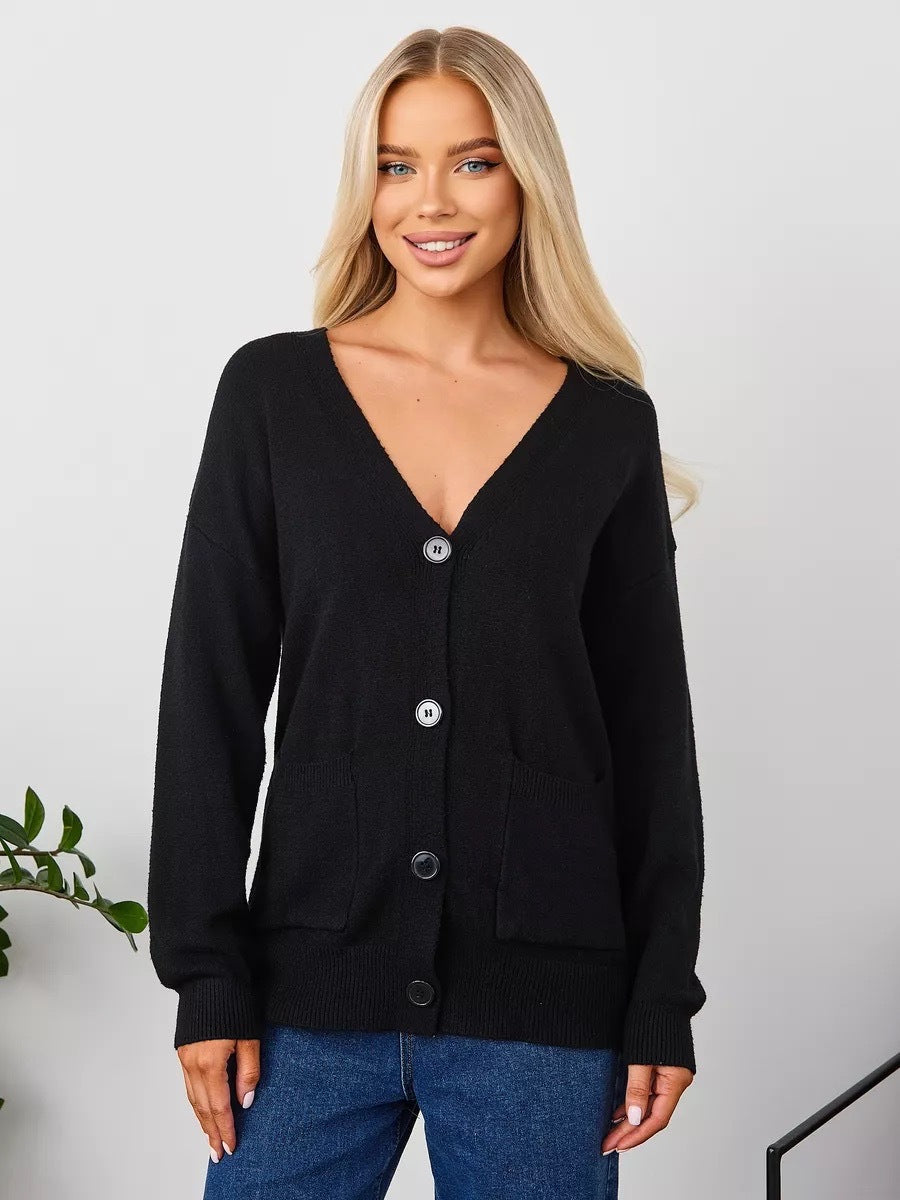Damen Cardigan Grobstrick V-Ausschnitt mit Taschen Beige