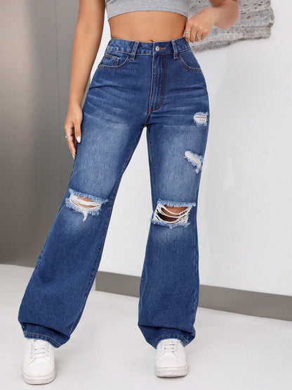 Damen Destroyed Jeanshose Weite Fit Eveloria