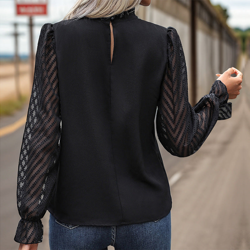 Damen Blusenshirt Elegantes Design Transparente Ärmel Weiß