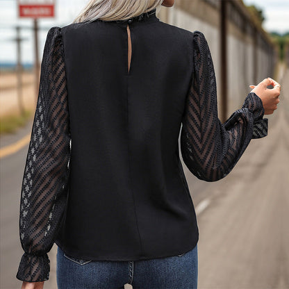 Damen Blusenshirt Elegantes Design Transparente Ärmel Weiß