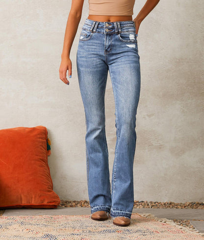 Damen Hochtaillierte Flared Jeans Destroyed Details Blau