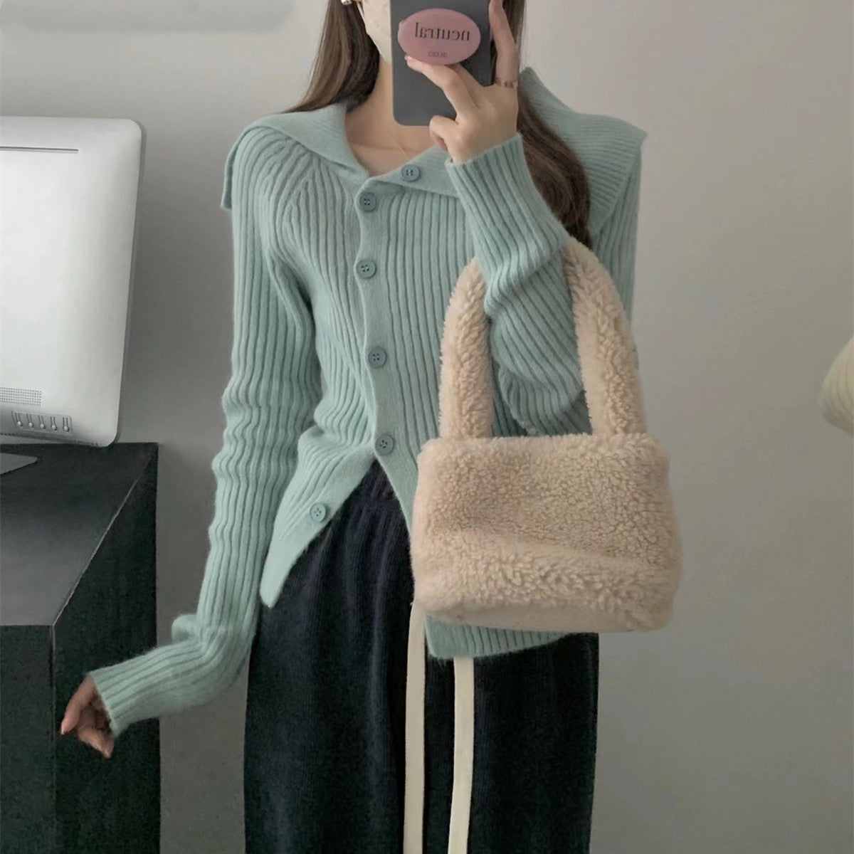 Damen Strickcardigan Feinripp mit Modikragen Anthrazit