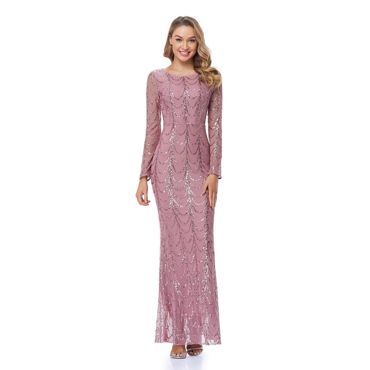 Damen Abendkleid Figurbetont Pailletten Ärmel Durchsichtig