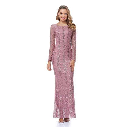 Damen Abendkleid Figurbetont Pailletten Ärmel Durchsichtig