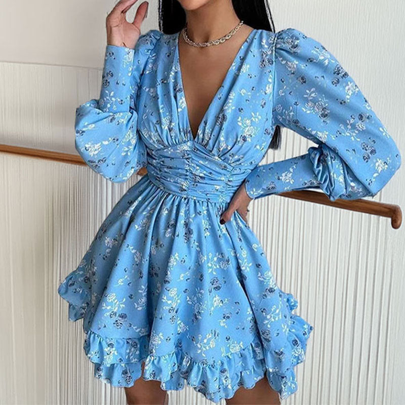 Damen Blumenkleid Voluminöse Ärmel Geraffter Rock Eveloria