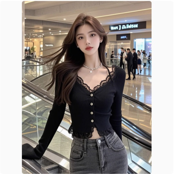 Damen Langarmshirt Spitzenbesatz Elegantes Weißen