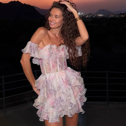 Damen Rüschenkleid Off-Shoulder mit Floralem Print und Elastischem - Eveloria