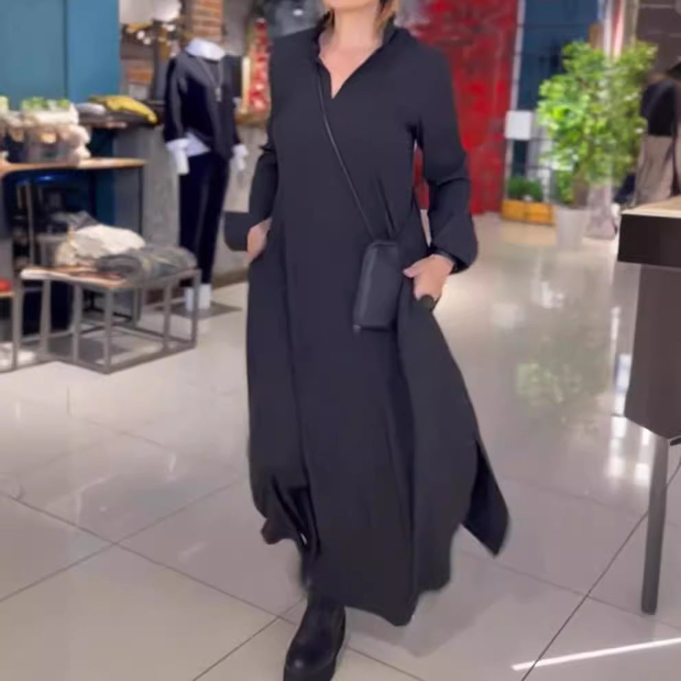 Damen Maxikleid mit Kragen und Taschen Eveloria