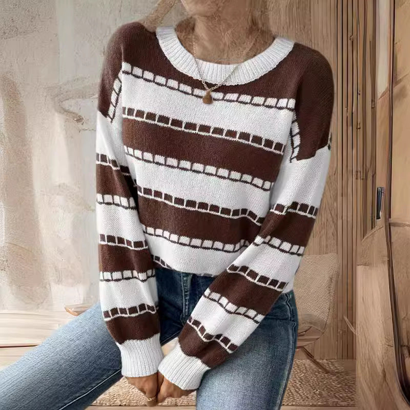 Damen Grobstrickpullover Breite Streifen Lässige Ärmel Eveloria