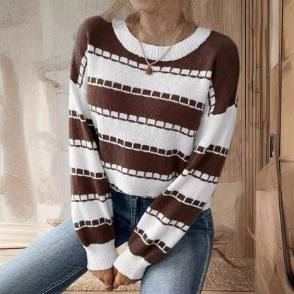 Damen Grobstrickpullover Breite Streifen Lässige Ärmel Eveloria