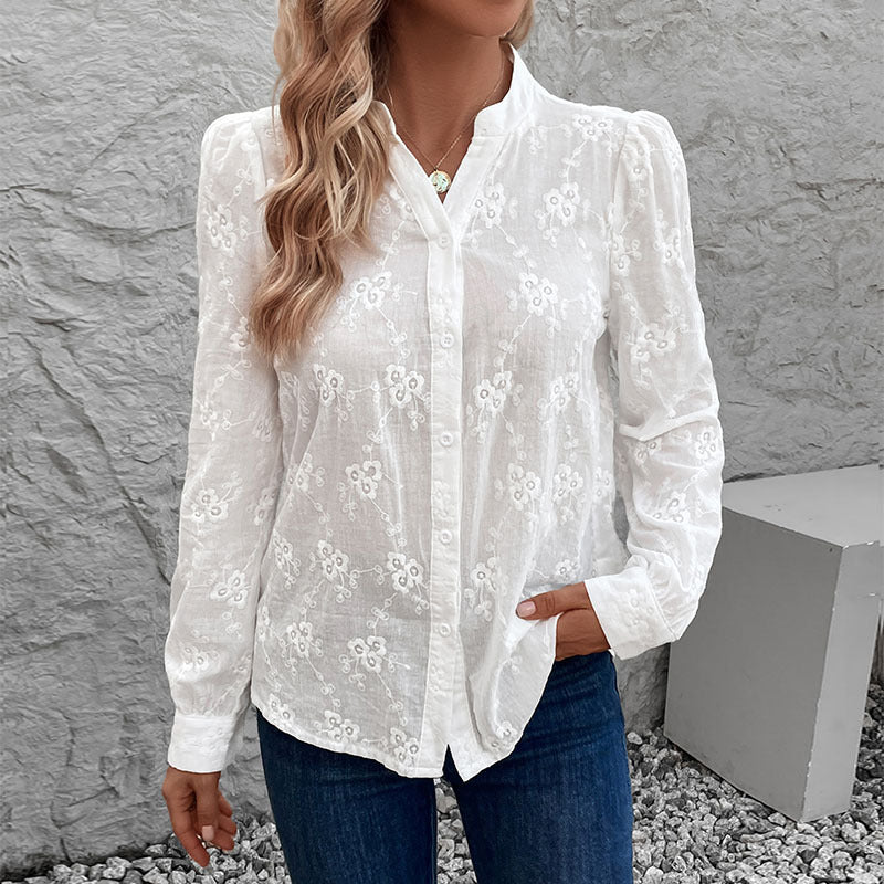 Damen Bluse Florales Stickdesign Puffärmel Elegant
