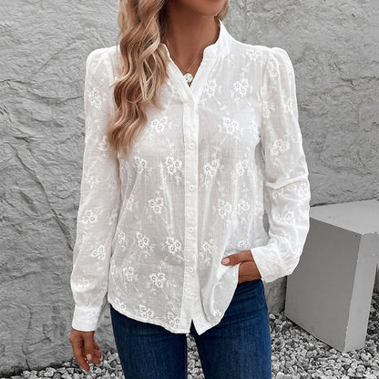 Damen Bluse Florales Stickdesign Puffärmel Elegant