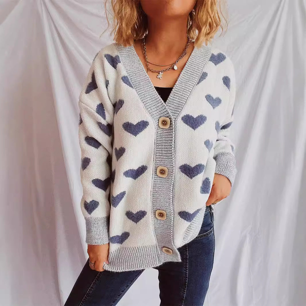 Damen Strickjacke Herzförmiges Muster Knöpfe
