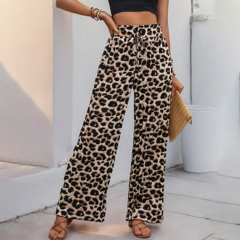 Damen Leinenhose Weit Geschnitten Elastischer Bund Leopardenmuster - Eveloria