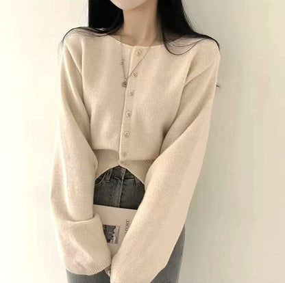 Damen Crop-Pullover Oversized Ärmel Knopfdetail Eveloria