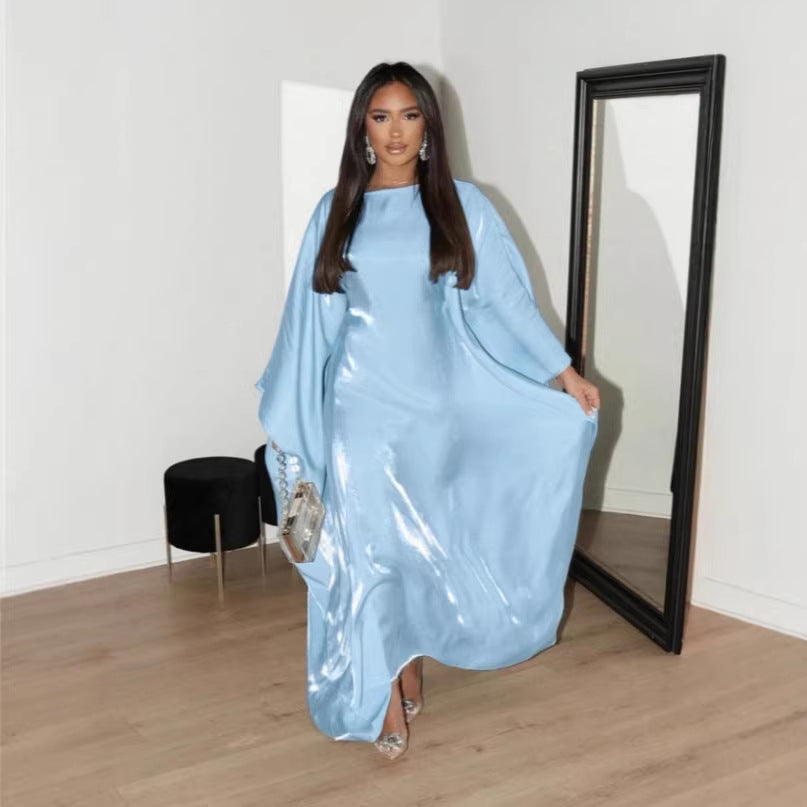 Damen Satin Maxi-Kleid Weites Design Elegante Ärmel Blau
