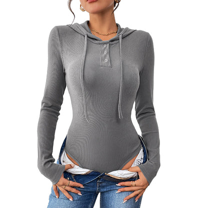 Damen Bodysuit Langarm Kapuze Rippdesign Eveloria