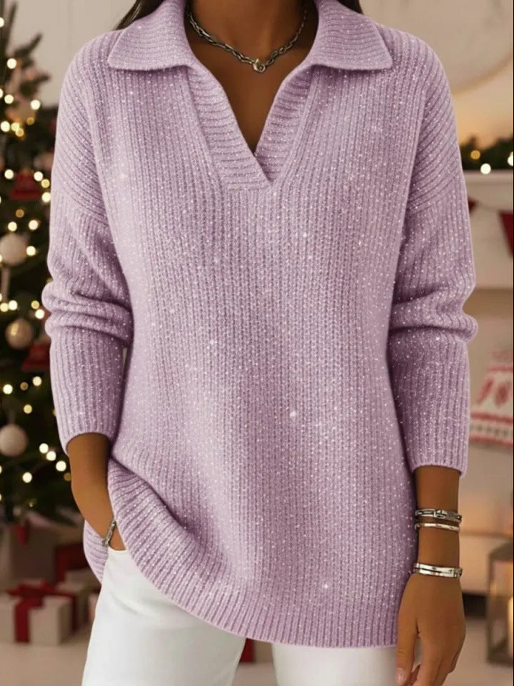Damen Strickpullover Schimmer Effekt Moderner Kragen Eveloria