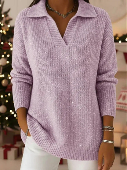 Damen Strickpullover Schimmer Effekt Moderner Kragen Eveloria