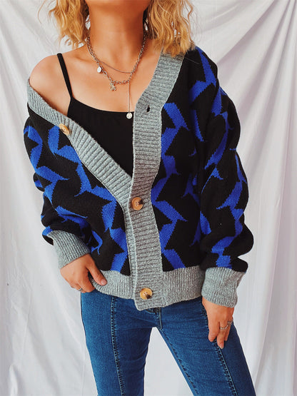 Eveloria Damen Strickjacke Geometrisches Muster Elegante Knöpfe