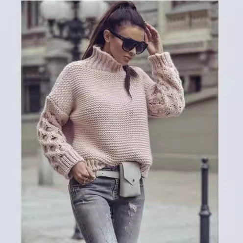 Damen Strickpullover Hochkragen Pompönärmel Eveloria