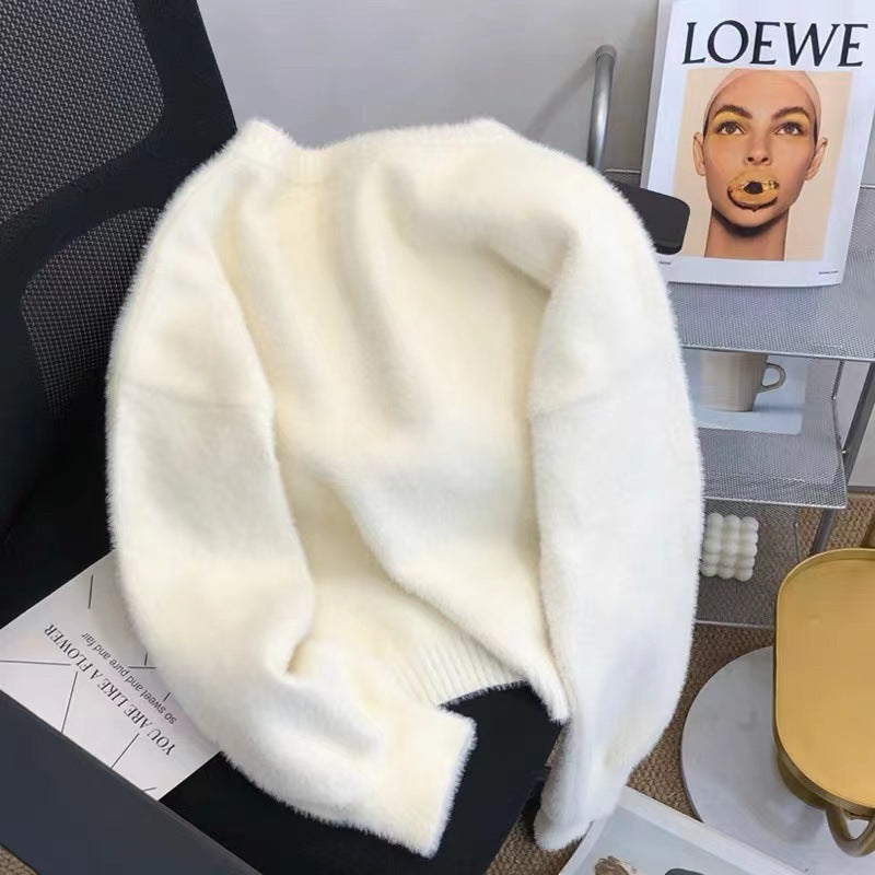 Damen Flauschiger Longpullover Rundhalsausschnitt