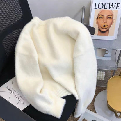 Damen Flauschiger Longpullover Rundhalsausschnitt