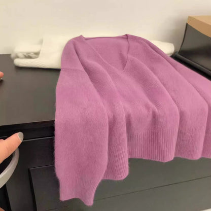 Damen Pullover V-Ausschnitt Rippstruktur Lässig Grau Eveloria