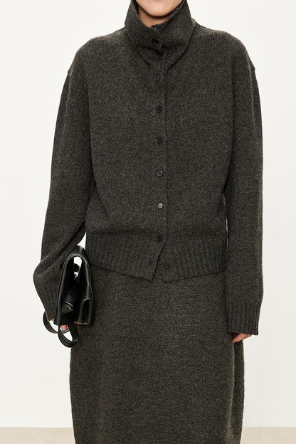 Damen Strickcardigan Hochkragen Knopfleiste Grau Eveloria