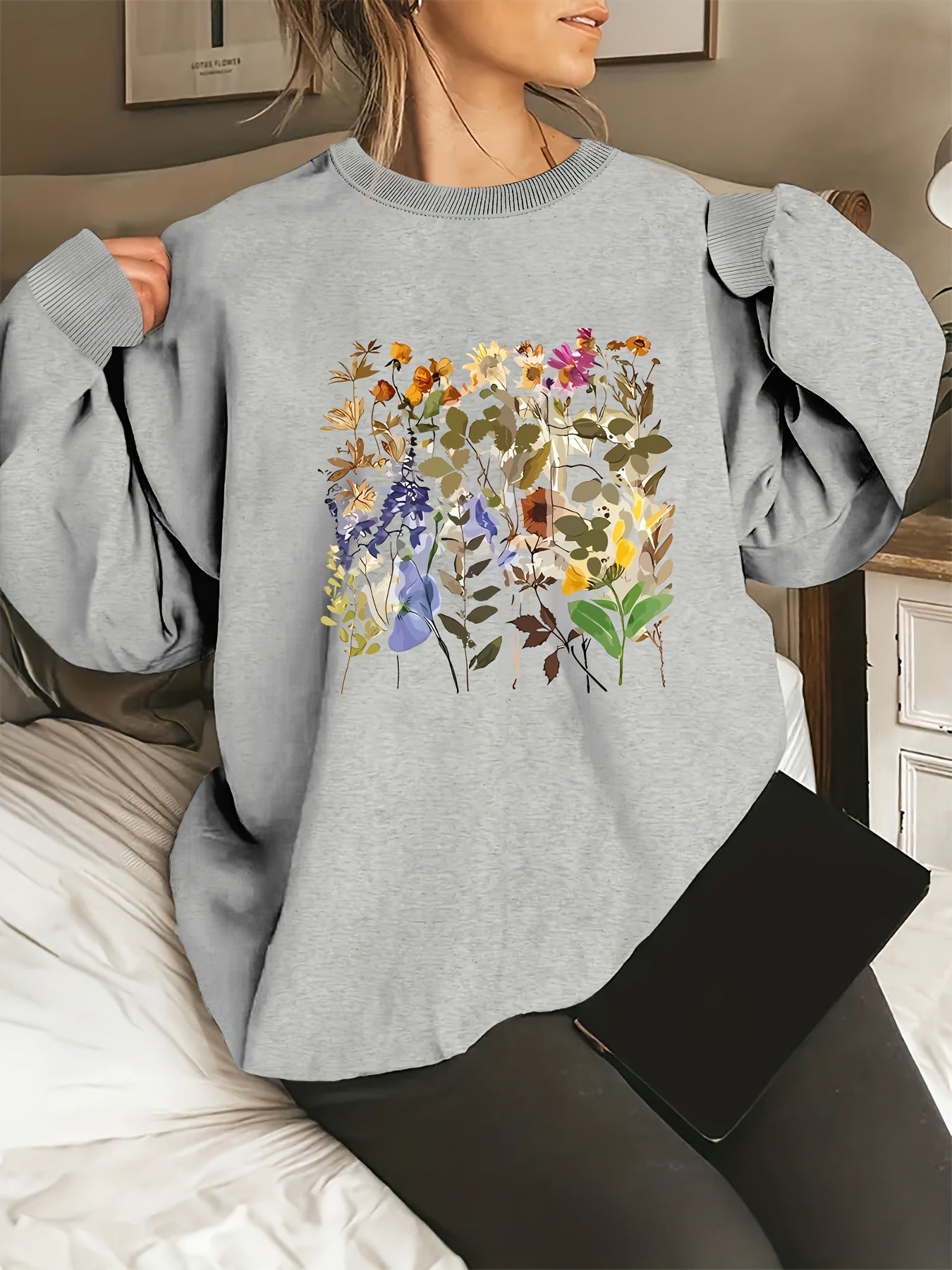 Damen Sweatshirt Floralmuster Bequem Grün