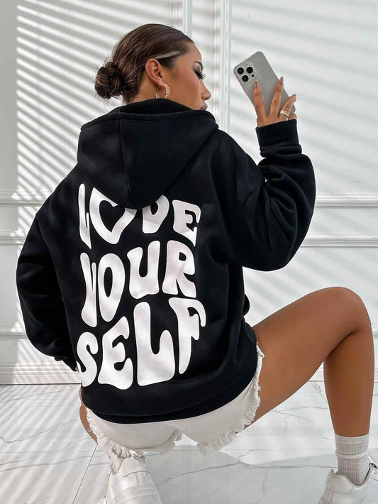 Damen Hoodie Kordelzug Kängurutasche Love Yourself Rückenprint - Eveloria