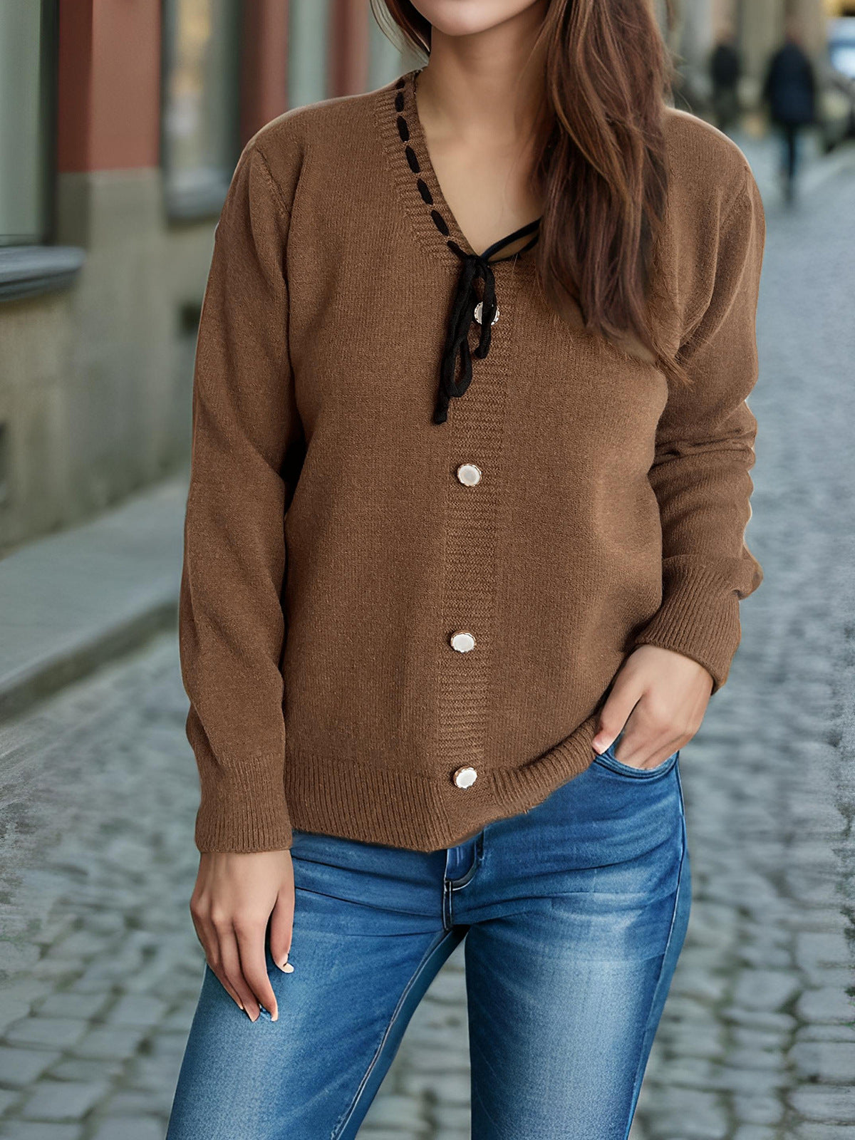 Damen Strickjacke Dekorative Knöpfe Kordelzug Beige