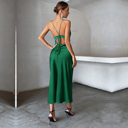 Damen Satin Maxikleid Spaghetti-Träger Fließend Eveloria