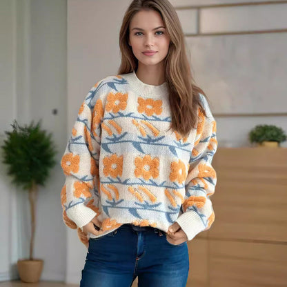 Damen Strickpullover Kuscheliger Floralmuster 3D-Applikationen - Eveloria