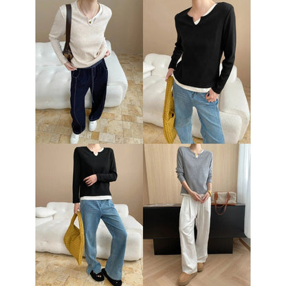 Damen Langarmshirt V-Ausschnitt Feine Struktur Eveloria