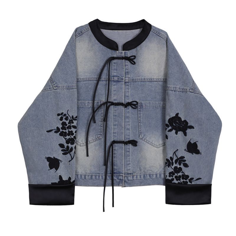 Damen Denimjacke Floral Stickerei Elegant Blau Eveloria