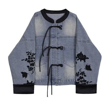 Damen Denimjacke Floral Stickerei Elegant Blau Eveloria